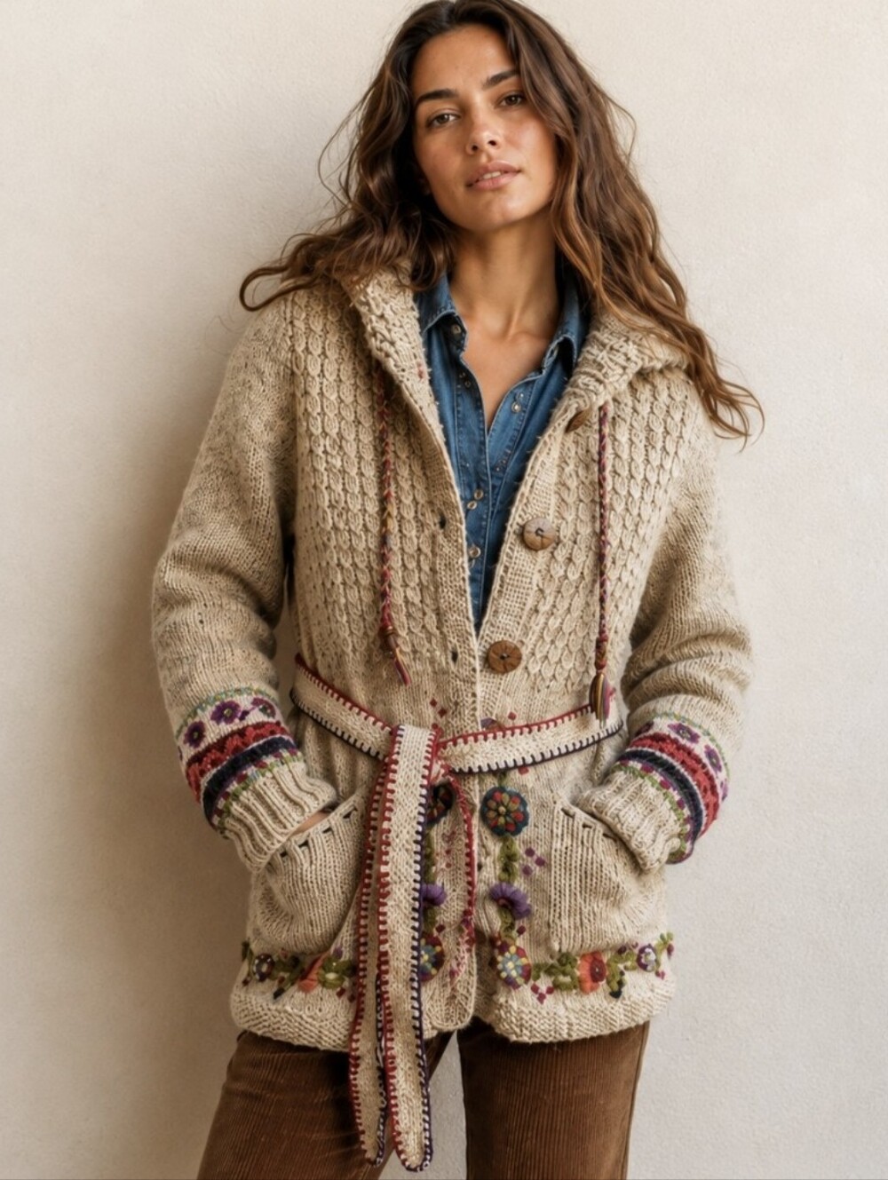 Vtg Newari Nepal Hand Knit Wool Cardigan Sweater Y2K Hooded Belted Floral Sz S/M
